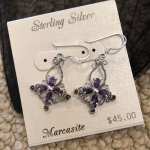 Sterling Silver Earrings -Marcasite & Purple Stone